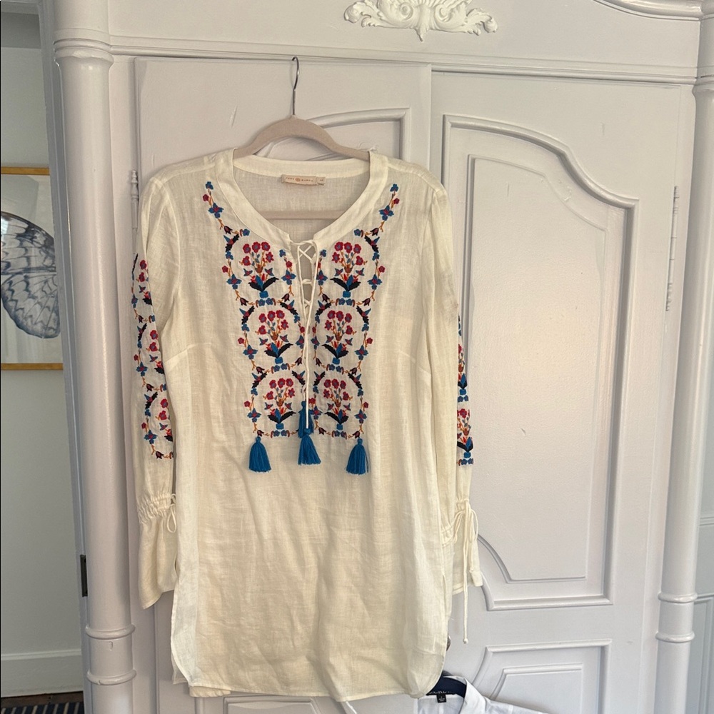 Tory Burch Cream Embroidered Peasant Tunic with Blue Tassels